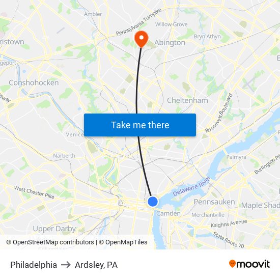 Philadelphia to Ardsley, PA map