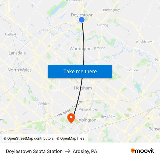 Doylestown Septa Station to Ardsley, PA map