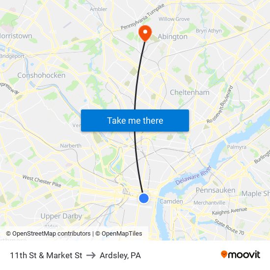 11th St & Market St to Ardsley, PA map