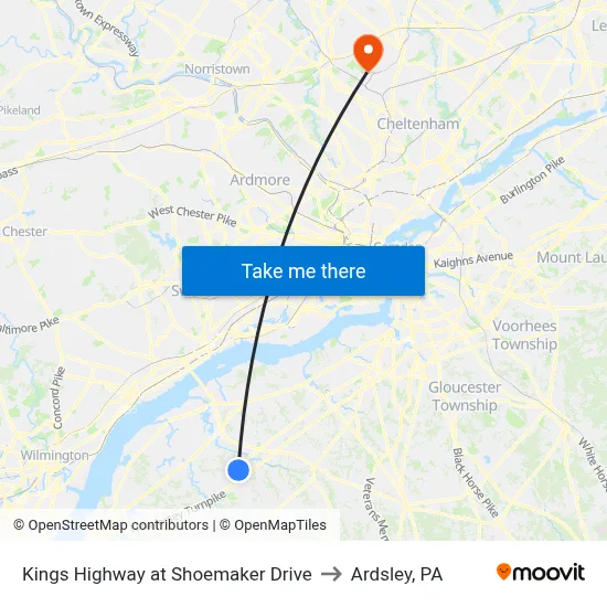 Kings Highway at Shoemaker Drive to Ardsley, PA map
