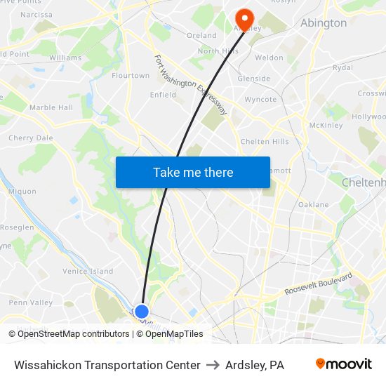 Wissahickon Transportation Center to Ardsley, PA map