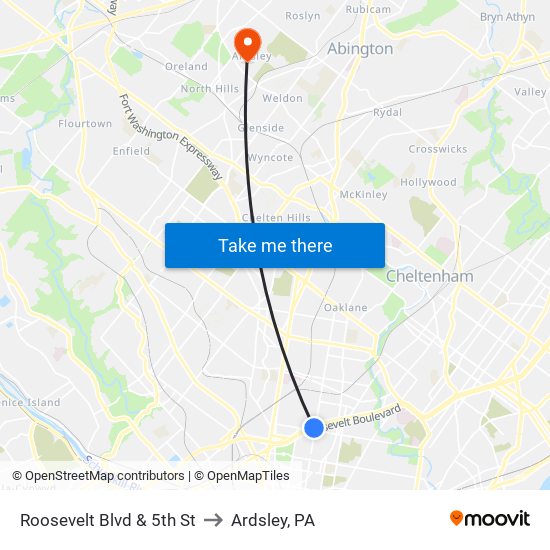 Roosevelt Blvd & 5th St to Ardsley, PA map