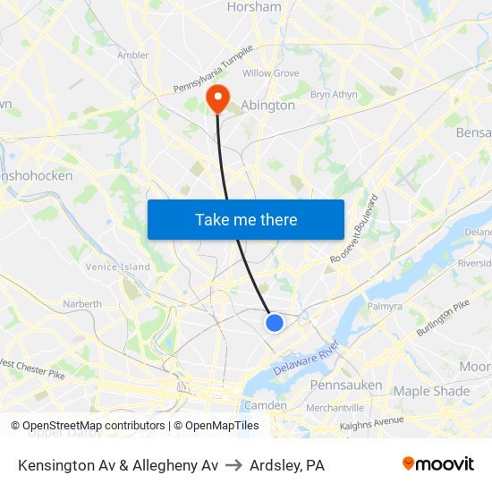 Kensington Av & Allegheny Av to Ardsley, PA map