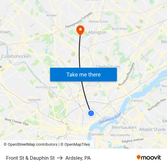 Front St & Dauphin St to Ardsley, PA map