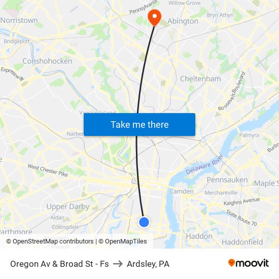 Oregon Av & Broad St - Fs to Ardsley, PA map