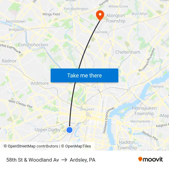 58th St & Woodland Av to Ardsley, PA map
