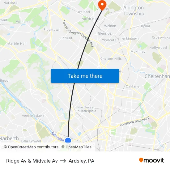 Ridge Av & Midvale Av to Ardsley, PA map