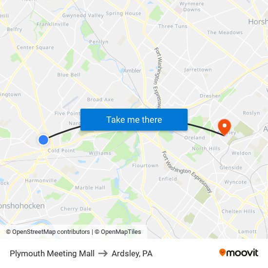 Plymouth Meeting Mall to Ardsley, PA map