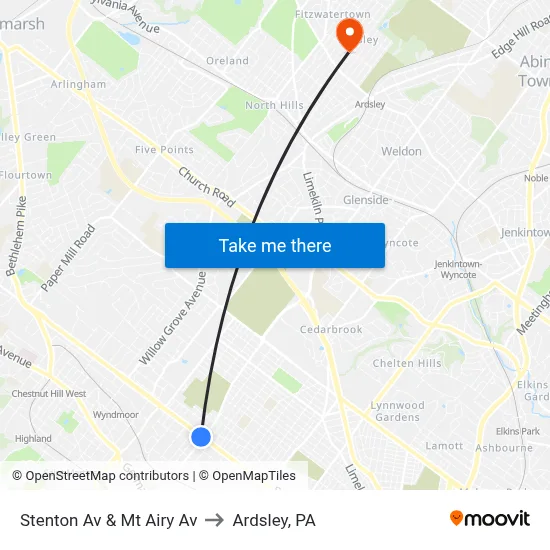 Stenton Av & Mt Airy Av to Ardsley, PA map