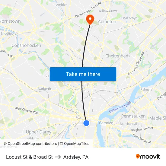 Locust St & Broad St to Ardsley, PA map