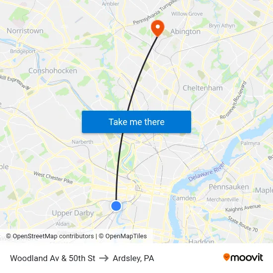 Woodland Av & 50th St to Ardsley, PA map