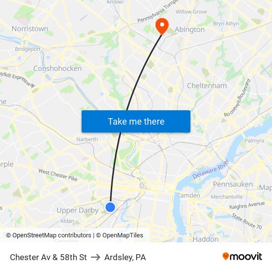 Chester Av & 58th St to Ardsley, PA map
