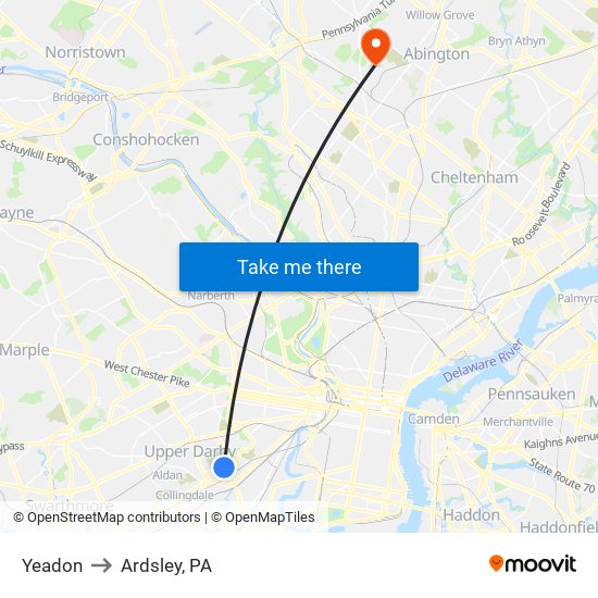 Yeadon to Ardsley, PA map