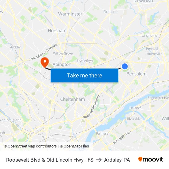 Roosevelt Blvd & Old Lincoln Hwy - FS to Ardsley, PA map