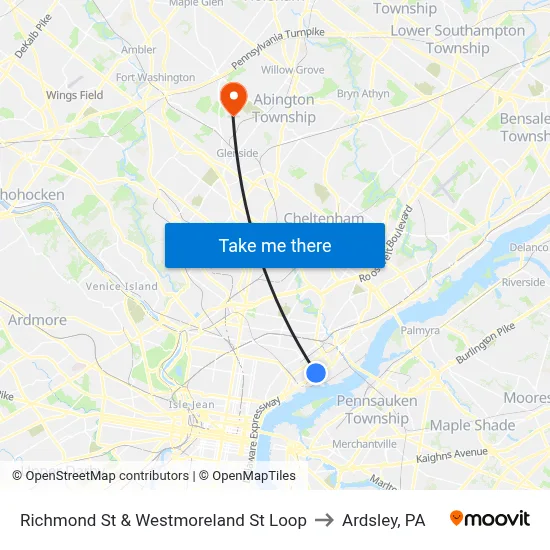 Richmond St & Westmoreland St Loop to Ardsley, PA map