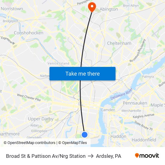 Broad St & Pattison Av/Nrg Station to Ardsley, PA map