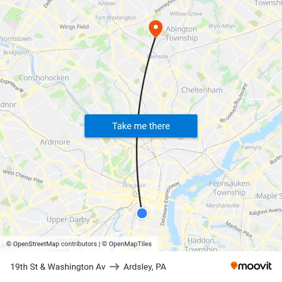 19th St & Washington Av to Ardsley, PA map