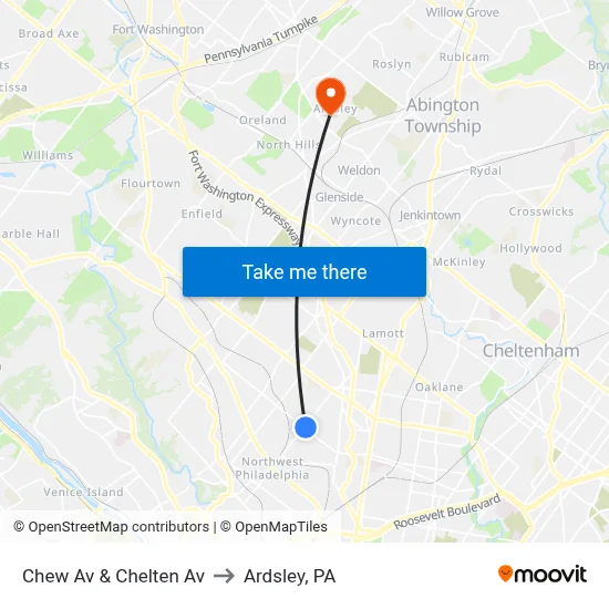 Chew Av & Chelten Av to Ardsley, PA map