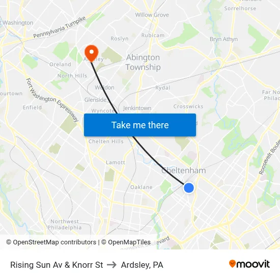 Rising Sun Av & Knorr St to Ardsley, PA map
