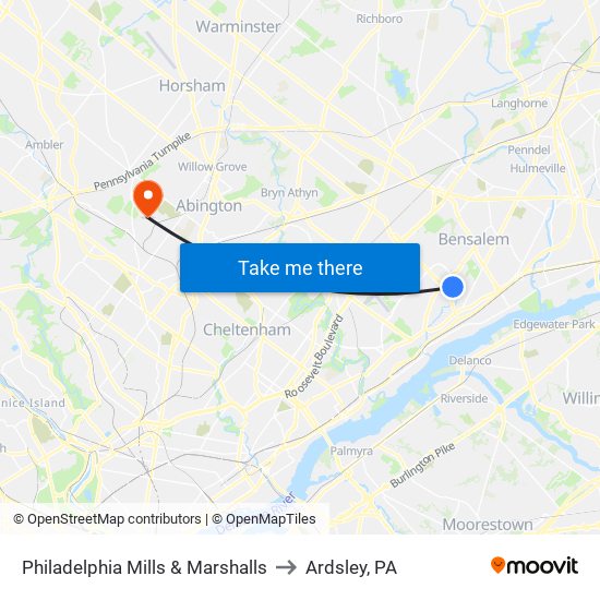 Philadelphia Mills & Marshalls to Ardsley, PA map