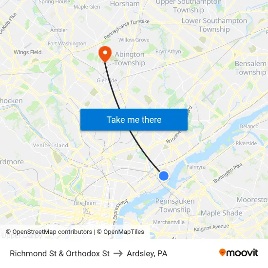 Richmond St & Orthodox St to Ardsley, PA map