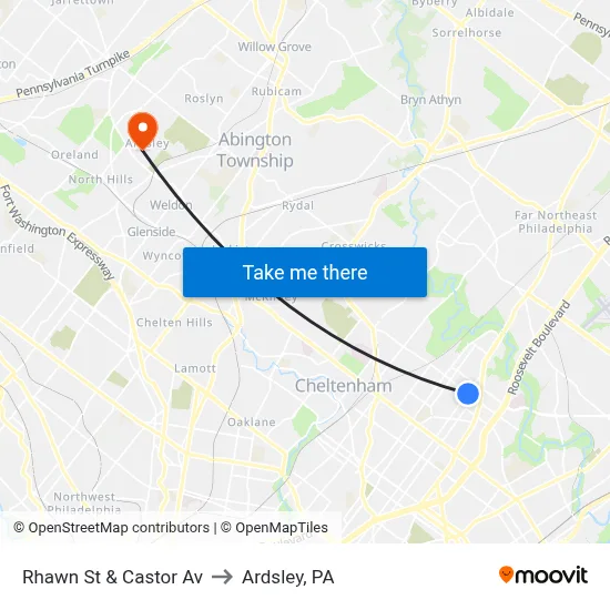Rhawn St & Castor Av to Ardsley, PA map