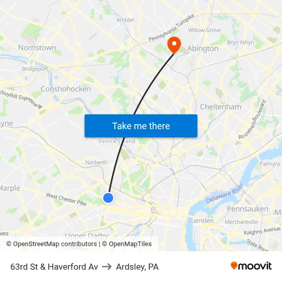 63rd St & Haverford Av to Ardsley, PA map