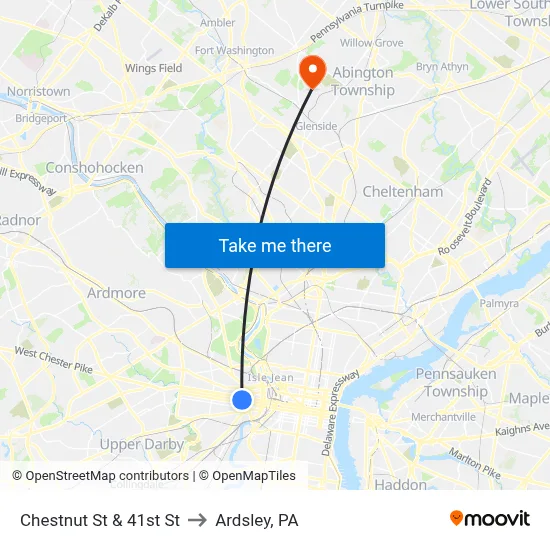 Chestnut St & 41st St to Ardsley, PA map