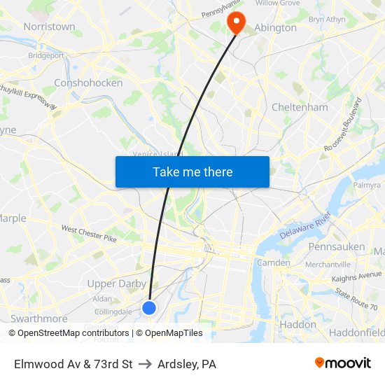 Elmwood Av & 73rd St to Ardsley, PA map