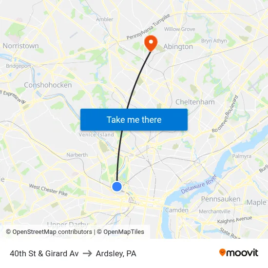 40th St & Girard Av to Ardsley, PA map