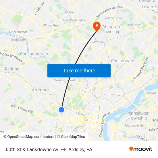 60th St & Lansdowne Av to Ardsley, PA map