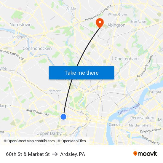 60th St & Market St to Ardsley, PA map