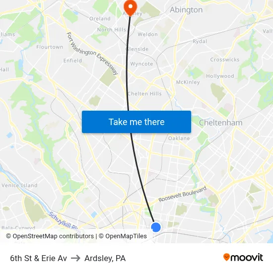 6th St & Erie Av to Ardsley, PA map