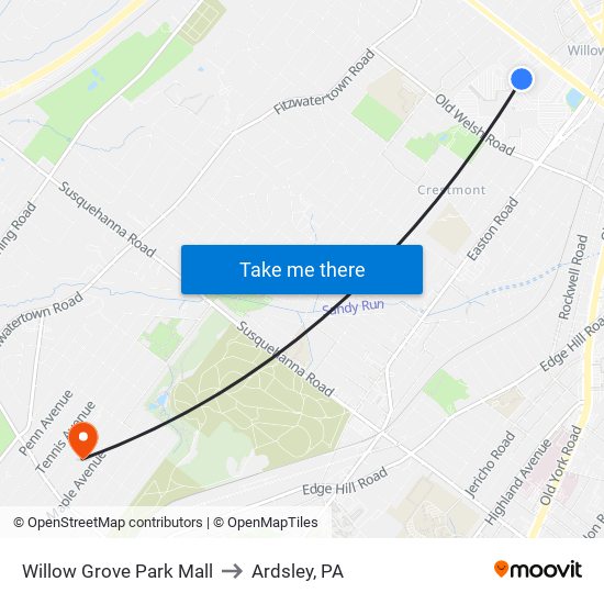 Willow Grove Park Mall to Ardsley, PA map