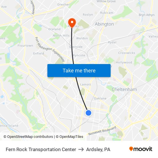 Fern Rock Transportation Center to Ardsley, PA map