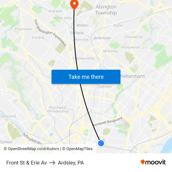 Front St & Erie Av to Ardsley, PA map