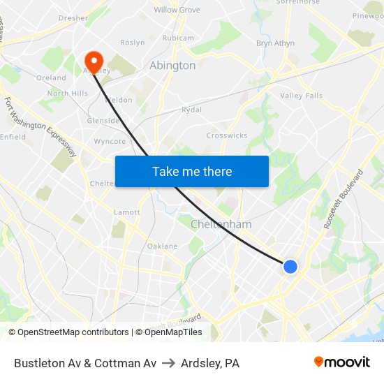 Bustleton Av & Cottman Av to Ardsley, PA map