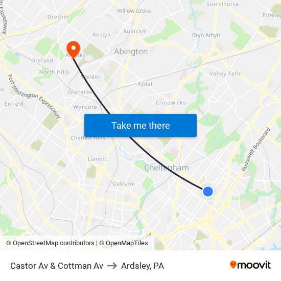 Castor Av & Cottman Av to Ardsley, PA map