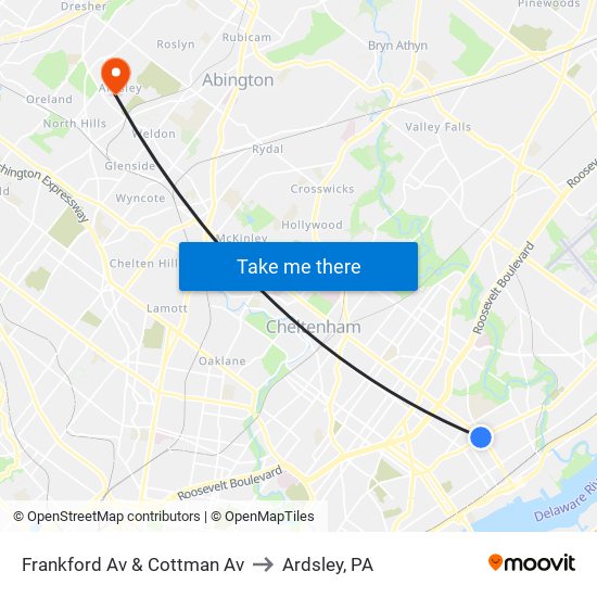 Frankford Av & Cottman Av to Ardsley, PA map