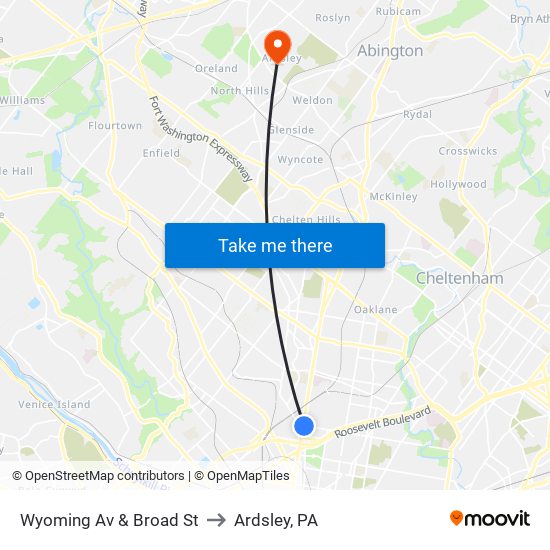 Wyoming Av & Broad St to Ardsley, PA map