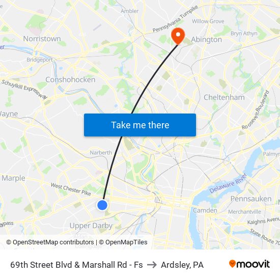 69th Street Blvd & Marshall Rd - Fs to Ardsley, PA map