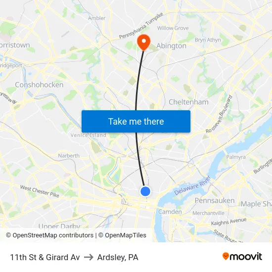 11th St & Girard Av to Ardsley, PA map