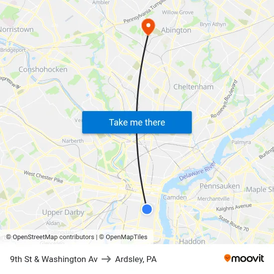 9th St & Washington Av to Ardsley, PA map