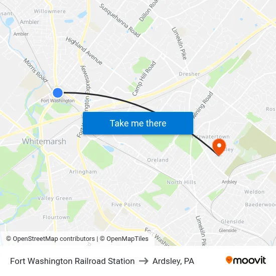 Fort Washington Railroad Station to Ardsley, PA map