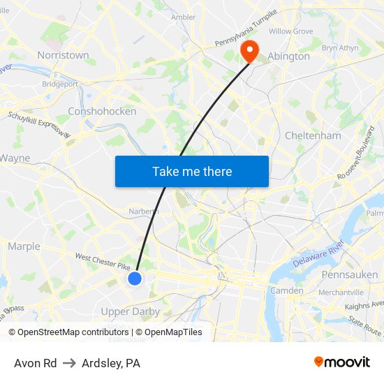 Avon Rd to Ardsley, PA map