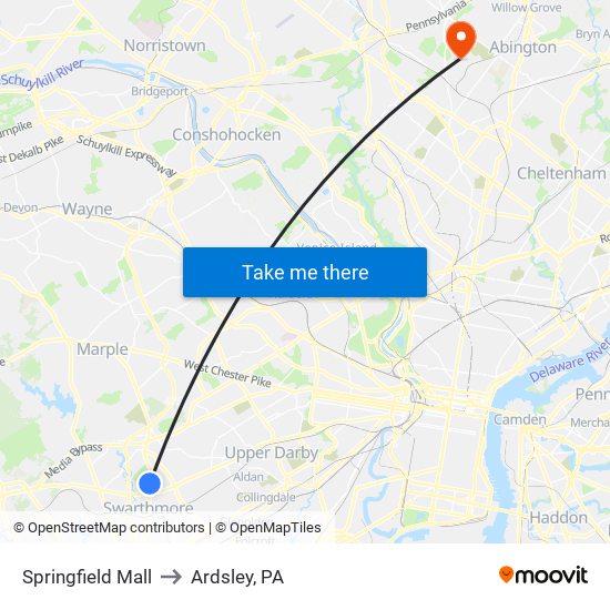 Springfield Mall to Ardsley, PA map