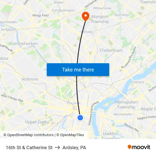 16th St & Catherine St to Ardsley, PA map
