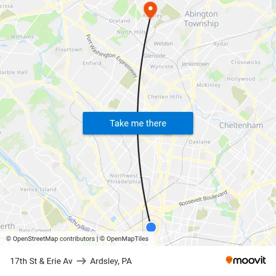17th St & Erie Av to Ardsley, PA map