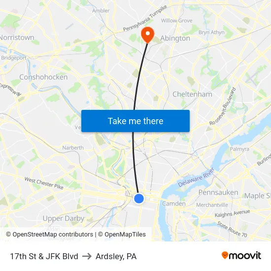 17th St & JFK Blvd to Ardsley, PA map