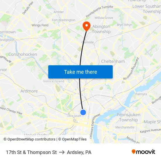 17th St & Thompson St to Ardsley, PA map